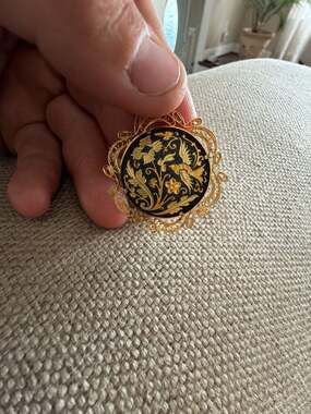 Vintage Spanish Damascene Filigree Brooch with Gold Bird and Floral Design